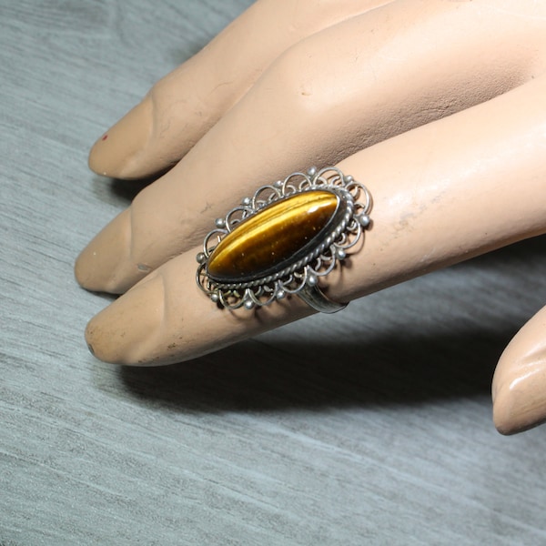 Silver 925 Ring Hecho en Mexico Tiger Eye Vintage Size 6 Boho Oblong