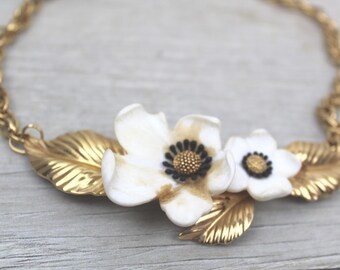 Louis Feraud Paris Designer Vintage Necklace Blossoms of Spring Flower Gold Tone