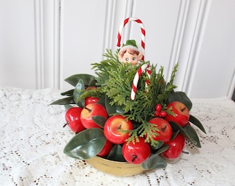 Christmas Elf Tabletop Centerpiece In A Bowl Apples Candy Canes
