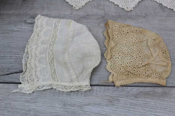 Vintage Baby Bonnets 2 Caps One Beige and One Whi… - image 2