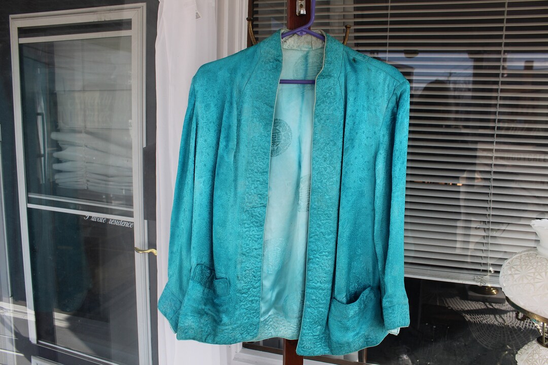 Vintage Lounging Jacket Turquoise Blue Oriental Brocade Evening Jacket