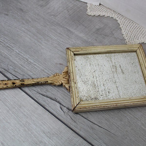 Antique Mirror Hand Held Wood Victorian Era Carved Handle Reverse Picture Chippy Dresser Decor