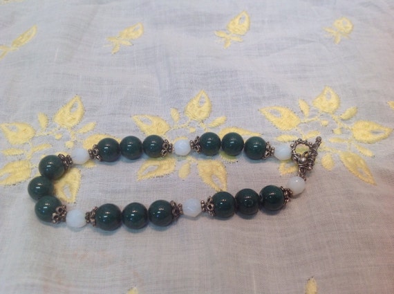 Vintage faux Jade and white beaded Bracelet St Pa… - image 1