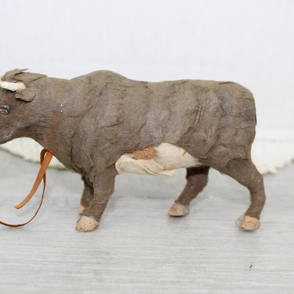 Antique Christmas Spun Cotton Brown Cow Japan Manger Animal Mantel Decor