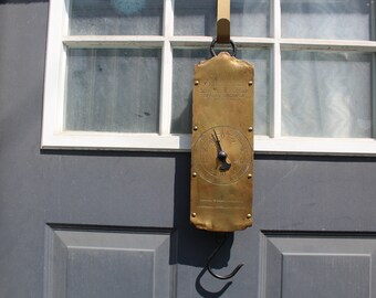 Brass Hanging Scale Vintage C. Forschners : 60 lb Black Metal Dial, Iron Hook