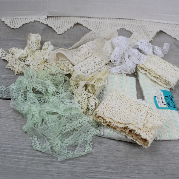 Vintage Old Lace Trim Lace White Green Mixed Lot St. Patrick Day Crafts Spring Sewing