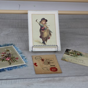 Antique Christmas Cards Lot of 4 Dicken's Girl, Floral Feathered Miners Hall Old house Scrapbooking Crafts