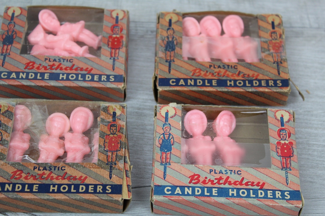 Vintage Birthday Cake Candle Holders Pink Plastic Figural Original Box Toys Best Novelties Mid