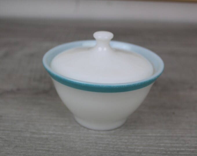 Vintage Pyrex Sugar Bowl With Lid White With Blue Band Made in USA