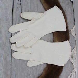 Vintage White Cotton Gloves: Beaded Button Detail, Mid Century