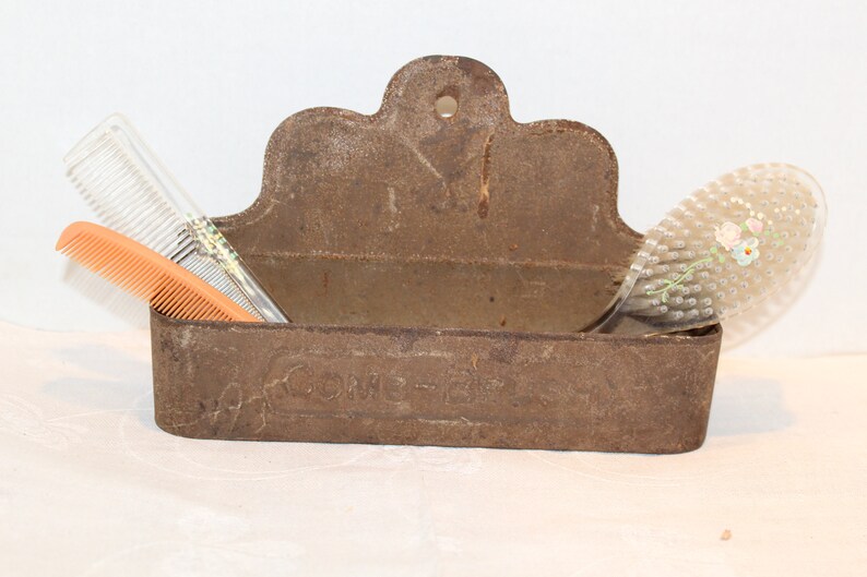 Antique Tin Bathroom Comb Brush Holder Primitive Rustic Patina Etsy