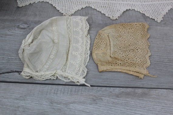 Vintage Baby Bonnets 2 Caps One Beige and One Whi… - image 1