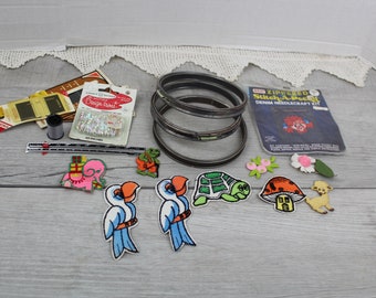 Vintage Embroidery Needlepoint Metal Hoops and Mixed Sewing Lot of Patches Sewing Hand Needles Sew On Pocket Guage
