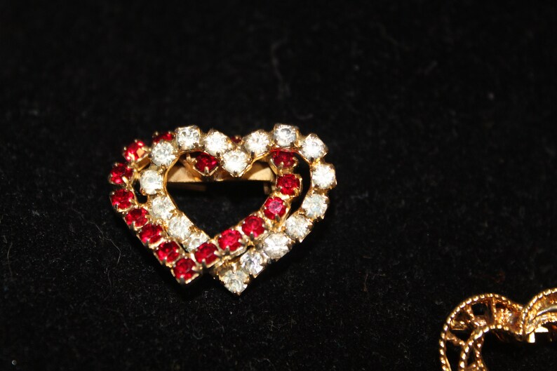 Vintage Heart Pins Brooches Red Rhinestones Gold Tone Lot of 3 Valentines Day Anniversary Mother's Day image 4