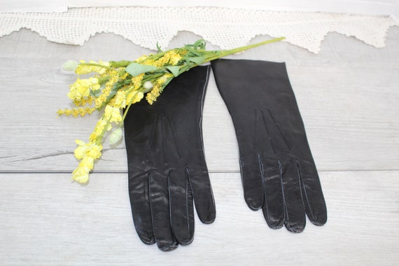 Black Leather Gloves Vintage Mid Century Designer… - image 1