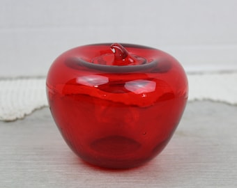 Vintage Red Glass Apple Paperweight Teacher Gift Mid Century Art Glass Home Decor