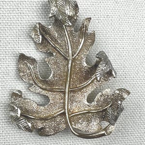 May include: A detailed, gold-toned leaf-shaped brooch. The brooch features intricate veining and textured surfaces, with a central stem and detailed leaf edges. The design is reminiscent of an oak leaf, perfect for adding a touch of nature-inspired elegance.