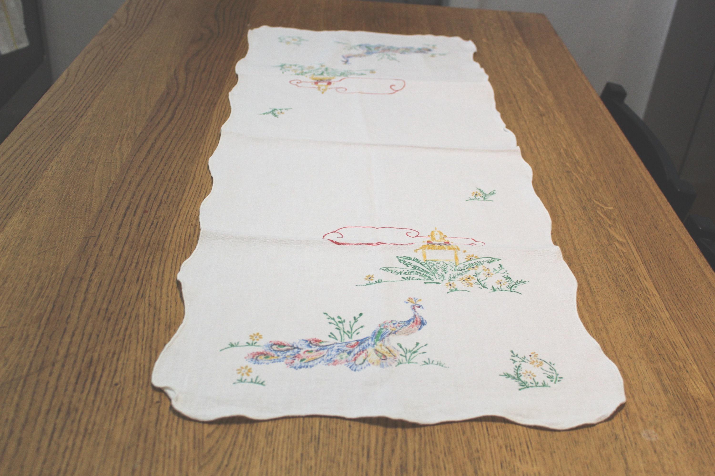 Peacock Table Runner Vintage Linen Fabric Painted St. Augustine - Etsy