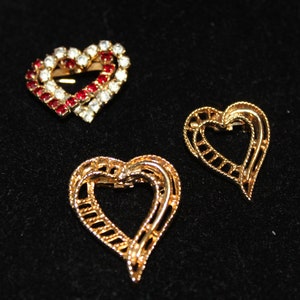 Vintage Heart Pins Brooches Red Rhinestones Gold Tone Lot of 3 Valentines Day Anniversary Mother's Day image 1