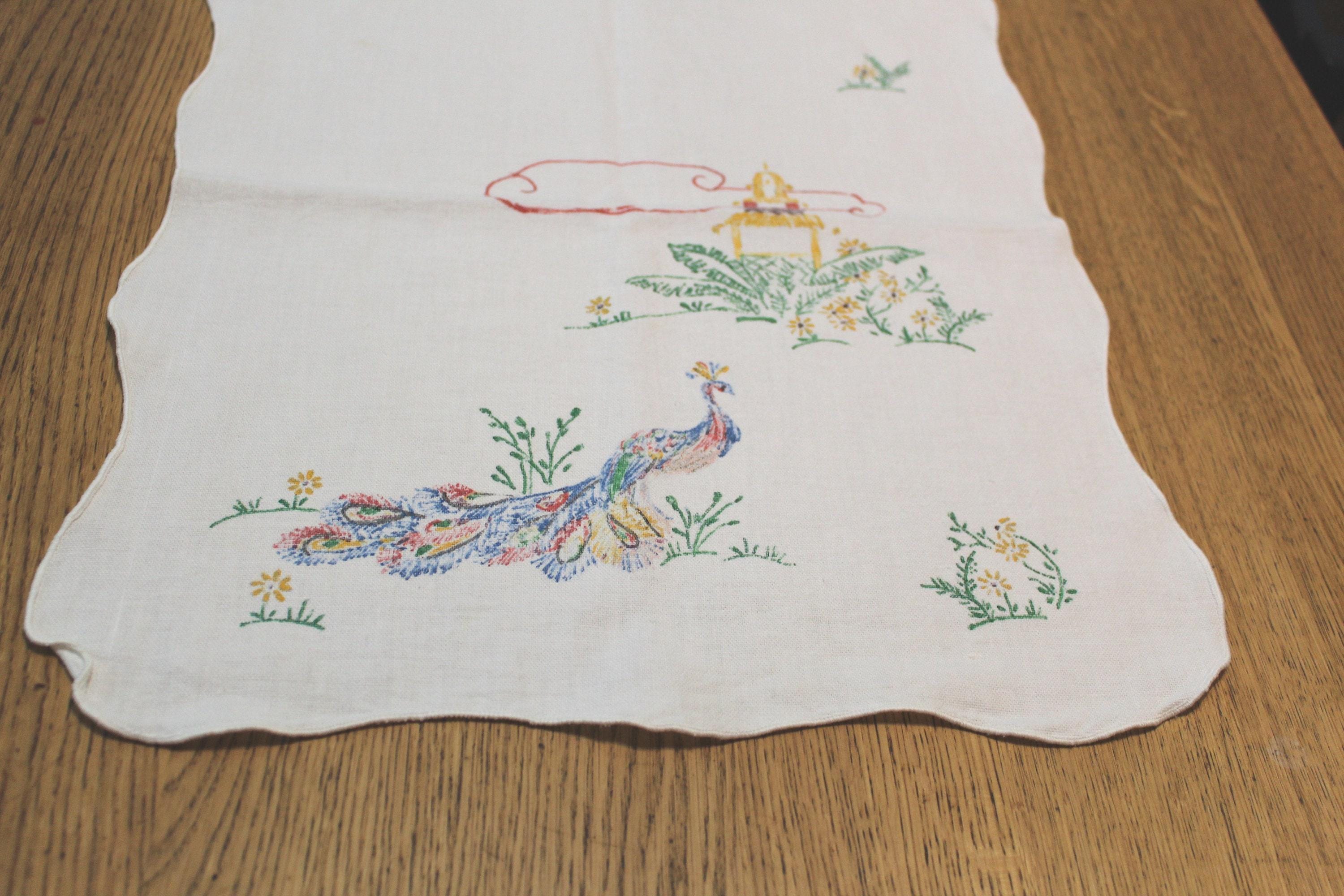 Peacock Table Runner Vintage Linen Fabric Painted St. Augustine - Etsy