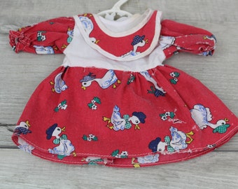 Vintage Doll Dress Hand Made Red & White with Ducks 8-12 inch doll