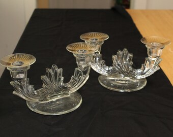 Vintage Depression Fostoria Baroque Double Candlestick Holders with Rare Candle Ring Wax Catchers