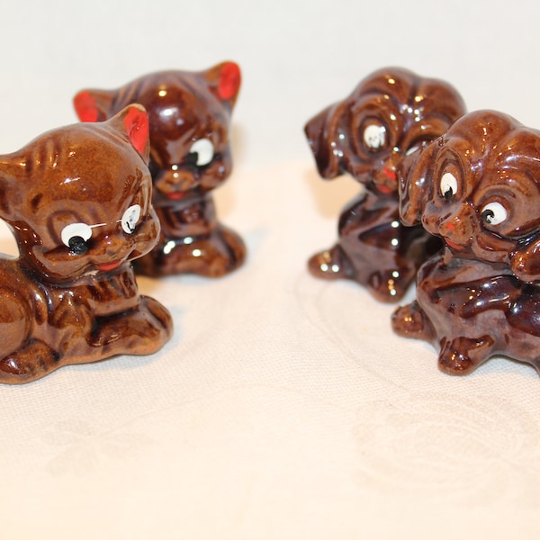 Vintage Redware Cat and Dog Figurines Miniature Knick Knack Kitsch Mid Century HP