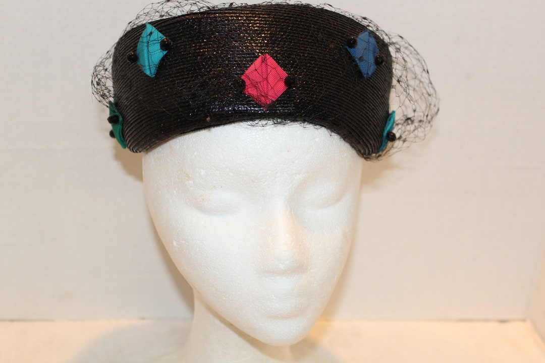 Vintage Mid Century Pill Box Black Hat Designer Modern Miss Etsy