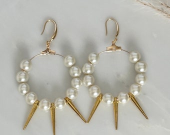 Gold hoop with pearl and spike earrings