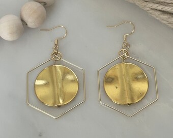 Gold hexagon + gold disc earrings