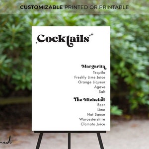 Printed Modern Wedding Bar Menu Sign, Wedding Cocktail Sign