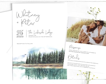 Lake Wedding Watercolour Invitation, RSVP & Envelope Set | Printed or Digital