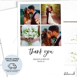 Carte de remerciement de mariage moderne IMPRIMÉE avec enveloppe, collage photo personnalisé
