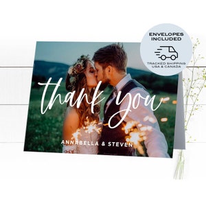 Carte de remerciement pliée pour mariage moderne avec enveloppe | Imprimé ou numérique