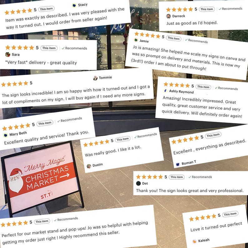 May include: A black A-frame sidewalk sign featuring a white and red graphic with a Santa Claus illustration and the text Merry Magic CHRISTMAS MARKET with an arrow and the letters ST.T, surrounded by multiple five-star customer reviews.