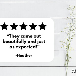 Puede incluir: Cinco estrellas negras sobre fondo blanco con el texto "They came out beautifully and just as expected!" -Heather.