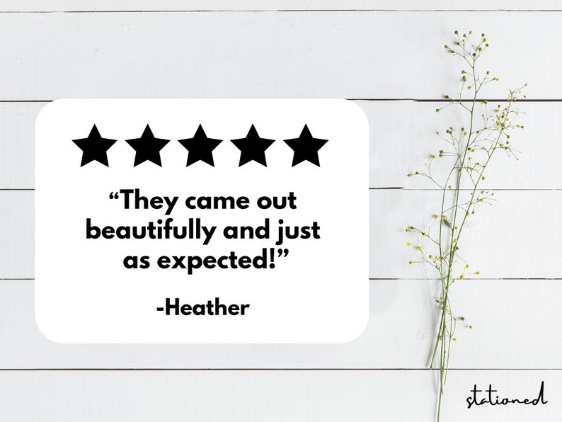 Puede incluir: Cinco estrellas negras sobre fondo blanco con el texto "They came out beautifully and just as expected!" -Heather.