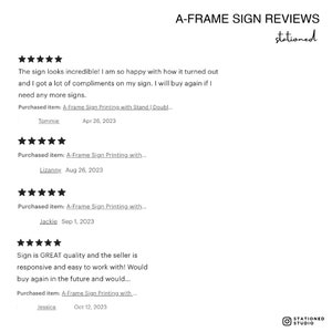 May include: A digital display of A-FRAME SIGN REVIEWS for Stationed Studio. The text includes five-star ratings, customer feedback from Tommie, Lizanny, Jackie, and Jessica, and links to A-Frame Sign Printing with Stand products dated 2023.