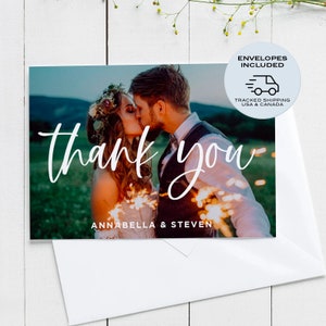 de remerciement avec photo de mariage imprimée avec enveloppe, recto ou recto verso plat | Modèle de carte de remerciement pour mariage, personnalisable