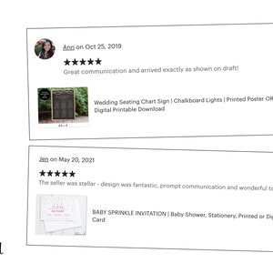 May include: A graphic display titled CLIENT LOVE featuring two five-star customer reviews. The first review by Ann includes a thumbnail of a Wedding Seating Chart Sign. The second review by Jen shows a Baby Sprinkle Invitation card.