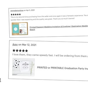 May include: A graphic display titled CLIENT LOVE featuring two five-star customer reviews. The top review by emmalemonlime includes a photo of a passport wedding invitation. The bottom review by Amy shows a graduation party invitation set.