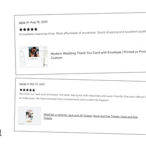Puede incluir: Dos rese&ntilde;as de clientes de Etsy con cinco estrellas. La primera rese&ntilde;a es para una tarjeta de agradecimiento de boda moderna con sobre. La segunda rese&ntilde;a es para boletos Jack and Jill impresos o digitales.