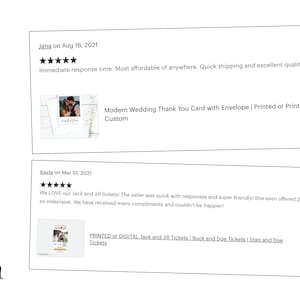 May include: A graphic display titled CLIENT LOVE featuring two five-star customer reviews. The first review by Jana mentions a Modern Wedding Thank You Card. The second review by Kayla discusses Jack and Jill tickets. The word stationed is at the bottom.