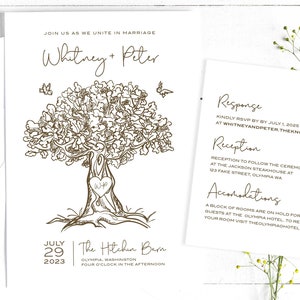 faire-part de mariage initial arbre rustique, RSVP/ carte à détails et enveloppe | Imprimé ou numérique
