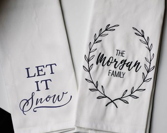 Gift Set, Set of 2 Kitchen Towel, One Custom Last Name Towel and One Let It Snow Towel