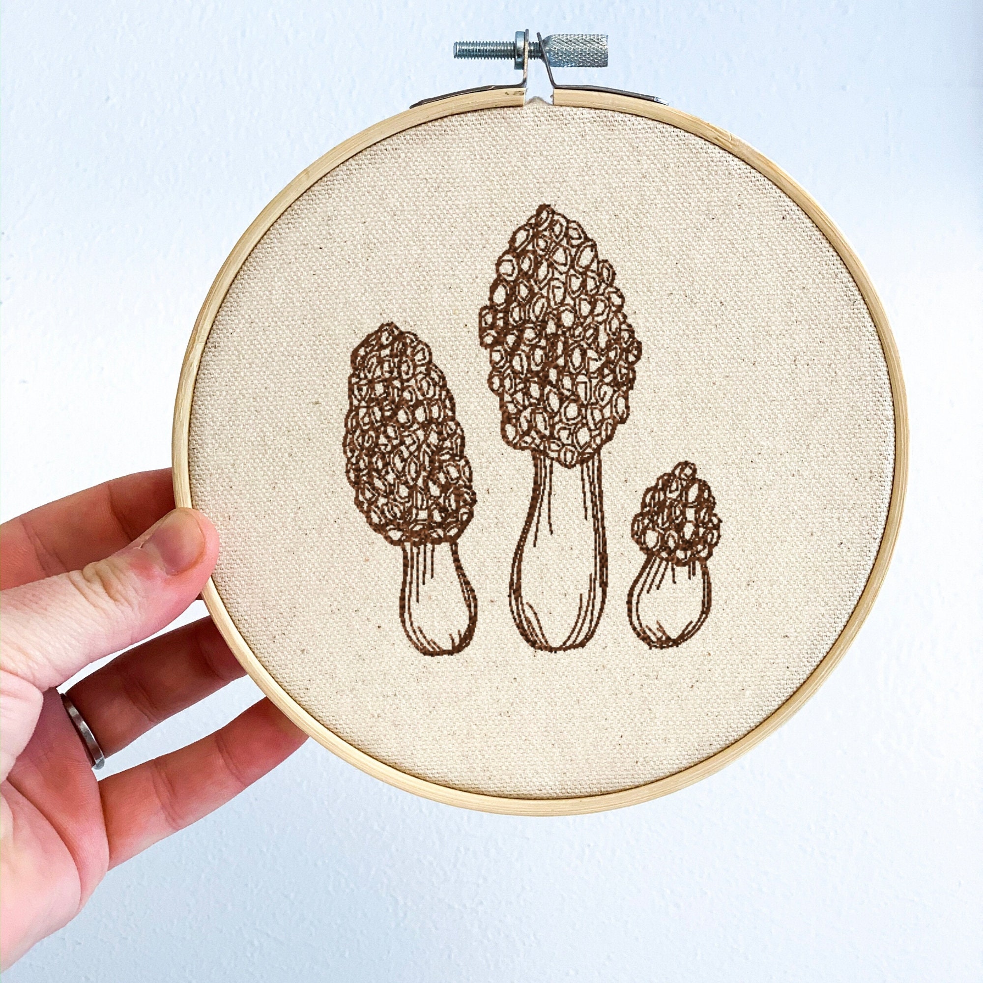 Morel mushroom embroidered hoop nature lover wall art