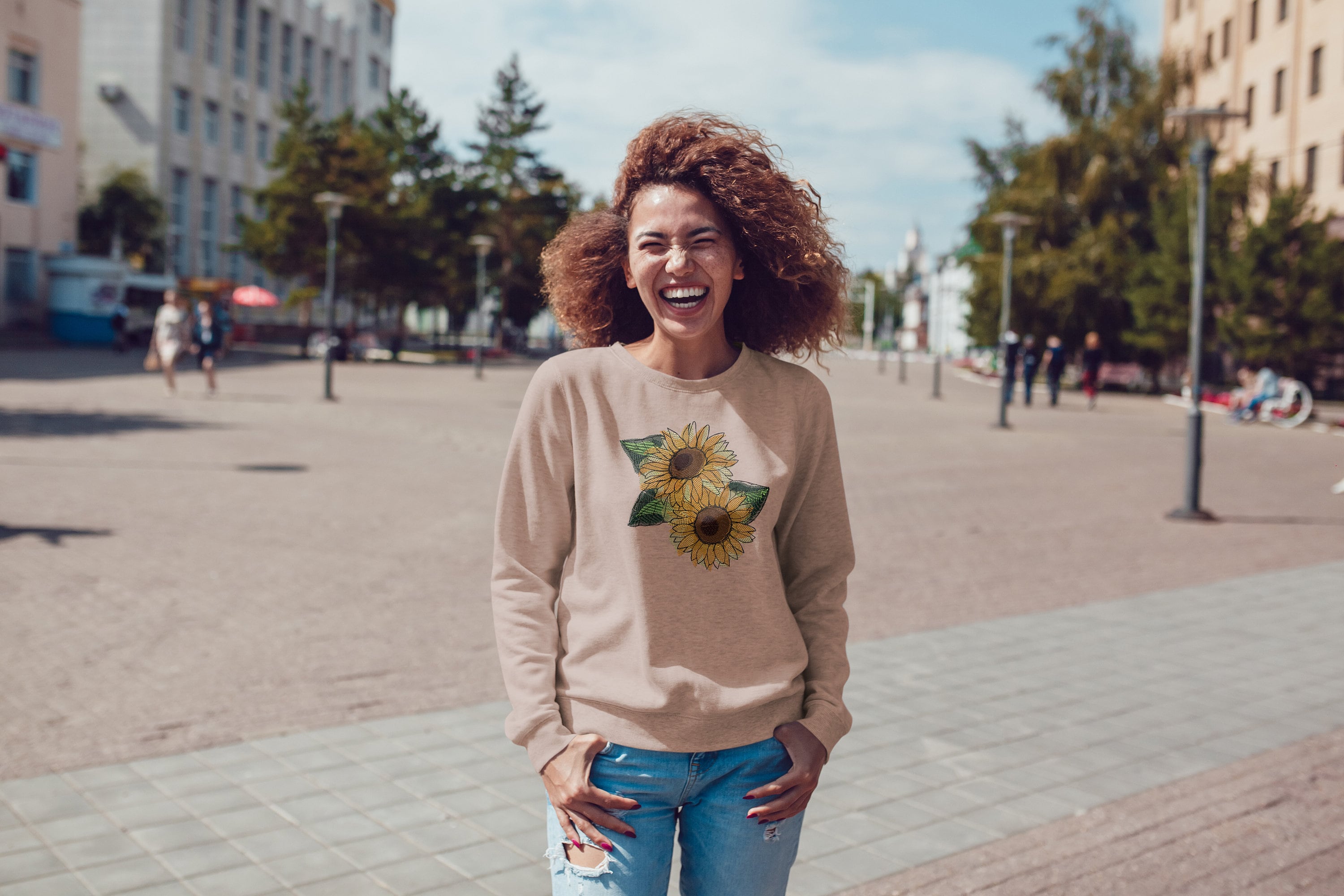 Sunflower Embroidered Unisex Crewneck Sweatshirt