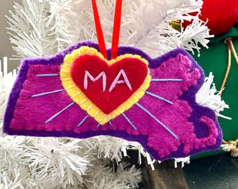 Handmade Massachusetts Felt Ornament: MA Pride Gift
