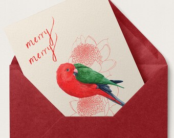 Merry Merry Christmas Card / Illustrated Gift Card / Recycled Card / King Parrot and Waratah