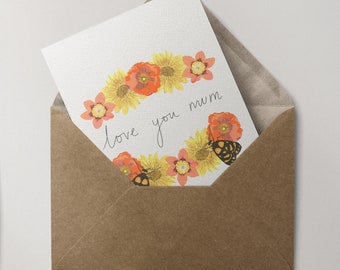 Love You Mum / Illustrated Gift Card / Recycled Card